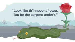 An image of a snake carrying a rose with its tail below the quotation "Look like th'innocent flower, But be the serpent under't."