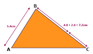 The larger triangle ABC on its own. Side AB is labelled 5.4cm. Side BC is labelled with two arrows and an equation: 4.8 + 2.4 = 7.2cm. The side AC, which is the base, is unlabelled.