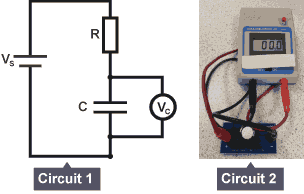 Circuit diagram containing a voltage supply cell, a resistor, and a capacitor with a voltage capacitor across it.