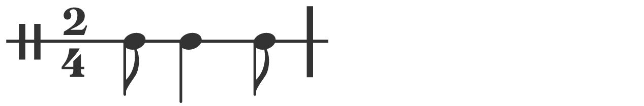  An image showing a bar of rhythm of quaver, crotchet, quaver in a 2/4 timing.