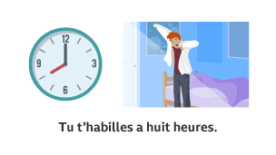 A clock showing 8 o’clock. A person getting dressed in their bedroom. Tu t’habilles à huit heures
