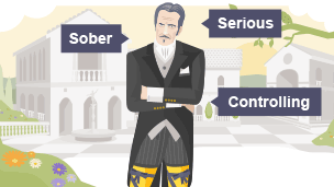 Malvolio stands against a backdrop of white buildings with his arms folded and a serious expression on his face. He is wearing the cross-gartered yellow stockings. 