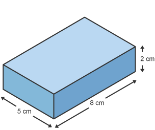 Diagram of a cuboid with the values, 5cm, 8cm and 2cm.