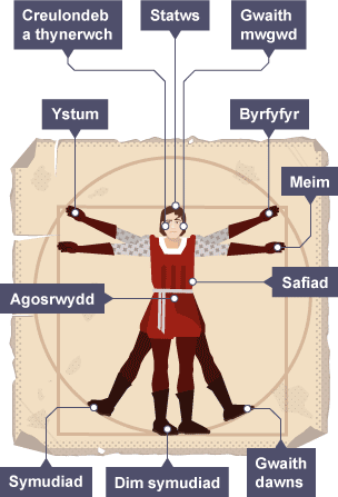 Darlun yn seiliedig ar 'The Vitruvian Man' gan Da Vinci, yn dangos rhannau o'r corff wedi eu labelu gyda termau amrywiol