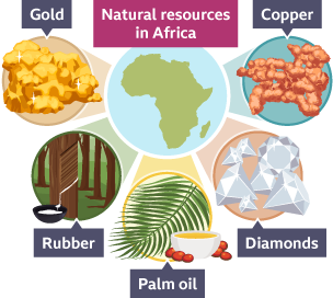 A diagram to show different natural resources found in Africa: gold, rubber, diamonds, palm oil and copper