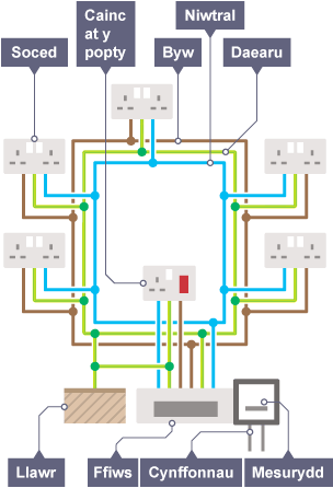 Diagram o gylched wedi’i labelu â Soced, Cainc at y popty, Byw, Niwtral, Daearu, Mesurydd, Cynffonnau, Ffiws, Llawr.