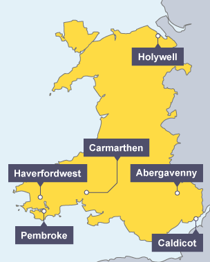 A map showing the areas of Holywell, Carmarthen, Haverfordwest, Pembroke, Abergavenny and Caldicot that were badly affected by the Black Death in the early years  