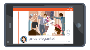 Social media post on phone about wedding comments "muy elegante"