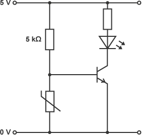 5k-ohm resistor and thermistor connected in series between rails. Resistor and LED connected in series between top rail and collector of transistor. Emitter of transistor connected to bottom rail.