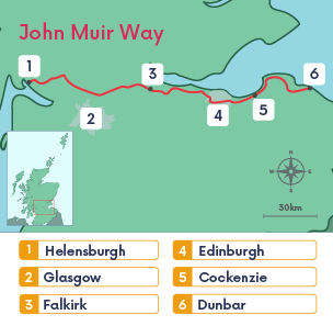  Map of the John Muir Way starting in Helensburgh and ending in Dunbar