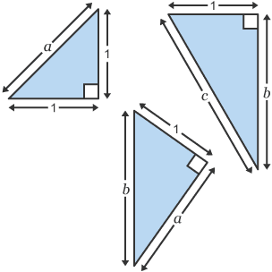 Diagram of split trio of pythagoras triangles