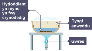 Mae llai o'r hydoddiant nawr, oherwydd mae rhywfaint wedi anweddu. Mae dyddodion bach i'w gweld yng ngwaelod y basn sy'n cynnwys yr hydoddiant.