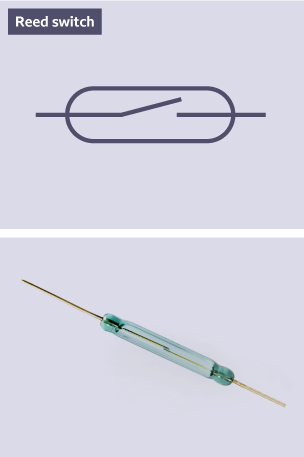 The standard electrical symbol for a reed switch alongside a photograph of the main component of the switch.