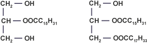 Left CH2-OH group joined at C to CH-OOCC15H31 group, joined at first C to second CH2-OH group. Right CH2-OH group joined at first C to CH-OOCC15H31 group, joined at C to a CH2-OOCC17H33 group.