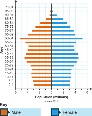 Population pyramid showing Japan has an ageing population