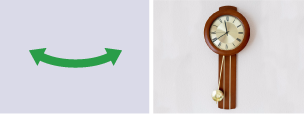 Curved arrow to show the backward-and-forward swinging movement of an oscillating motion alongside a photograph of a pendulum clock