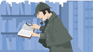 A detective, in a library, examining the pages of a book with a magnifying glass, reading between the lines