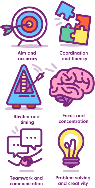 Aim and accuracy; Coordination and fluency; Rhythm and timing; Focus and concentration; Teamwork and communication; Problem solving and creativity