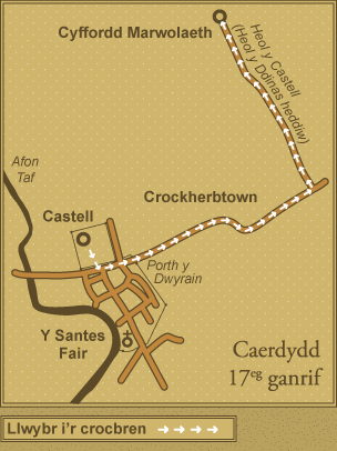 Map sy’n dangos y llwybr y byddai carcharor yng Ngharchar Caerdydd yn ei gymryd i’r grocbren yng Nghyffordd Marwolaeth.