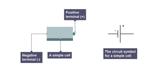 A chemical reaction occurs inside a cell with chemical energy being converted to electrical energy. A cell has a positive terminal and a negative terminal.