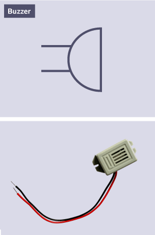 The standard electrical symbol for a buzzer alongside a photograph of a buzzer component and connection wires.