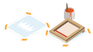 The second step in screen printing - a stencil is made from paper and placed under the screen but on top of the paper.