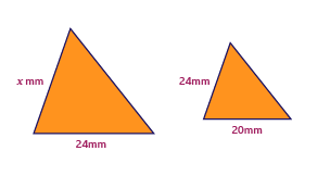 An image of two triangles, showing that the shape can be split into two triangles. The bigger triangle has a base of 24 mm and one side length as x mm. The other side is not marked. The smaller triangle has a base length of 20mm and one side length of 24mm. The third side is not marked.