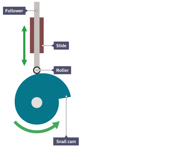 Snail cam, a follower and slide. Directional arrows show the movements of the cam and follower in the slide.