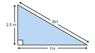 Triongl ongl sgwâr lle mae'r hypotenws, BH, yn anhysbys, mae ochr FH yn anhysbys, ac mae ochr BF yn 2.5 m