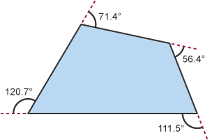 Pedrochr gyda’r pedair ongl allanol wedi eu labelu (o’r chwith i’r dde) 120.7°, 71.4°, 56.4°, 111.5°.