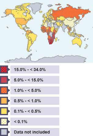 Map showing the global population affected by AIDS, Southern Africa is affected the most. With 15.0% - < 34.0% of the population affected