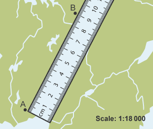 A coastal map showing a ruler measuring 9 cm between points A and B with a scale of 1:18 000