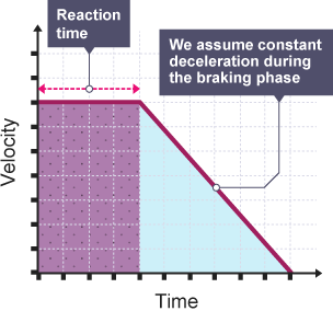 A velocity-time graph of stopping distances. A rectangular area is coloured purple to represent the thinking distance. A triangular area is coloured blue to represent the braking distance.