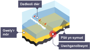 Pan mae’r platiau’n symud yn sydyn mae dŵr yn cael ei ddadleoli yn yr uwchganolbwynt.