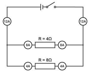 A circuit diagram showing two 12A, two 8A, and two 4A current sources, plus 4Ω and 8Ω resistors, a switch, and a capacitor. 