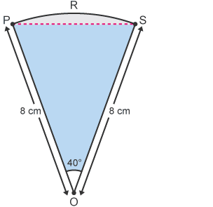 An example showing how to find the area of a segment with an angle of 40° and a radius of 8 cm. The segment is labelled P, R, S.