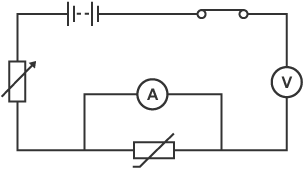 Circuit with a battery, variable resistor, voltmeter, closed switch and a thermistor, with an ammeter in parallel to the thermistor.