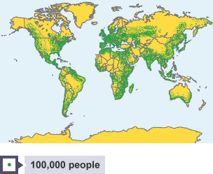 A dot map uses dots to represent a certain number of people. A key explains how many people each dot represents, eg 1 dot = 100,000 people.