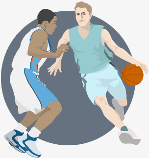 Basketballer dribbling the ball with a defender nearby and a swimmer practicing the front crawl