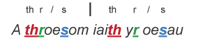 Enghraifft o gynghanedd - 'A throesom iaith yr oesau' gyda'r llythrennau "th r / s | th r / s" uwch ei ben.