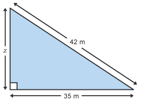 Right-angled triangle where the hypotenuse equals 42m, side Z is unknown, and the remaining side equals 35m