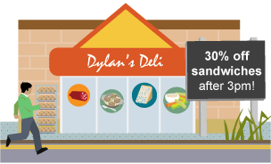 A billboard outside Dylan’s Deli advertising 30% off sandwiches after 3pm