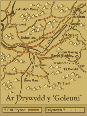 Map o ardal Dolgellau yn dangos 'Ar Drywydd y Goleuni' sy'n perthyn i nofel Stafell Ddirgel