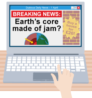 A laptop computer with a website on the screen. The text reads; 'Dubious Daily News - 1 April. Breaking News: Earth's core made of jam? Buy a house for £20!'