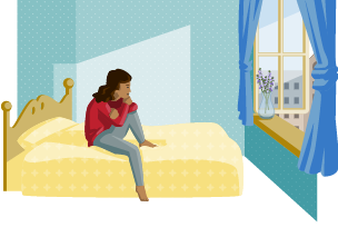 Woman sitting alone on a bed in an empty room, looking out through an open window