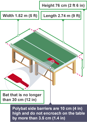 The table is 2.74 m long, 1.52 m wide and 76 cm high. The side barriers are 10 cm high and do not encroach on the table by more than 3.5 cm. The bat must be no longer than 30 cm.