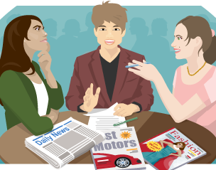 An illustration of three students participating in a group discussion around magazines and newspapers placed on a round table.