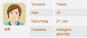 Profile of ich - Tobias; Alter: 16; Geburtstag: 21. Jan; Charakter: intelligent, geduldig; blaue Augen; braune Haare.