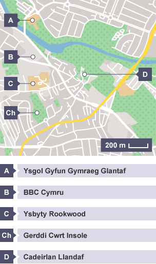 Map o Gaerdydd â phwyntiau wedi'u labelu o A i D