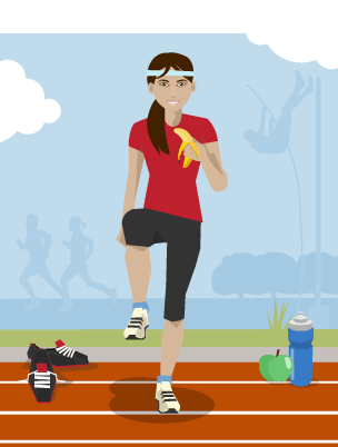 A woman wearing sports clothing eating a bannana at a sports track with silhouettes of people doing other sporting activities in the background.